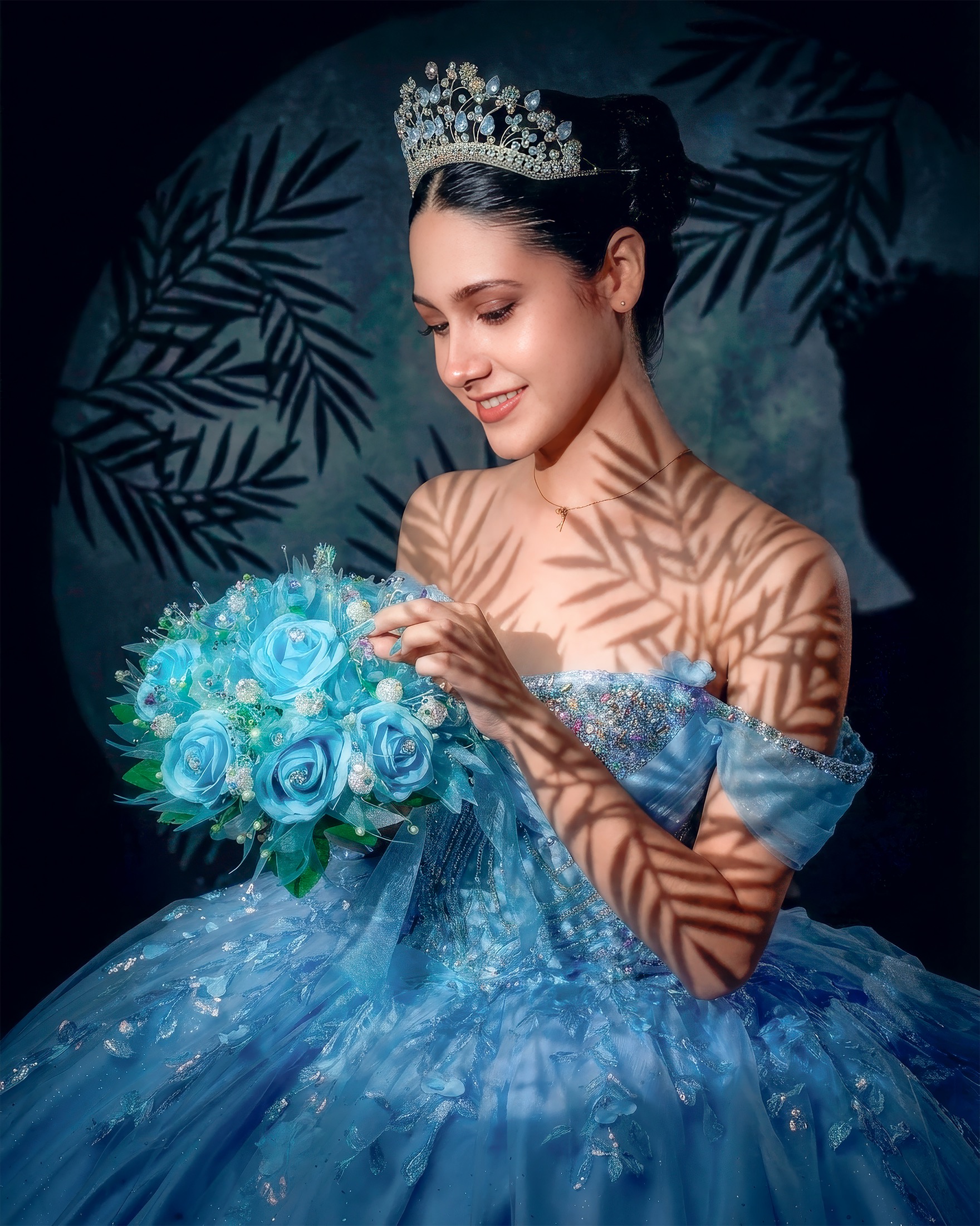 Retrato Fine Art con juego de sombras y vestido azul