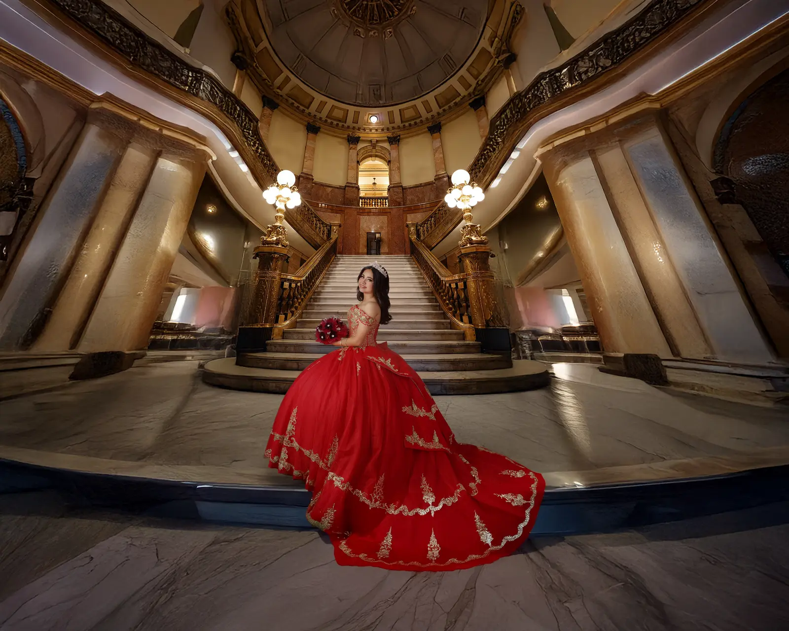 Quinceañera Maggie con vestido rojo en una escalinata monumental
