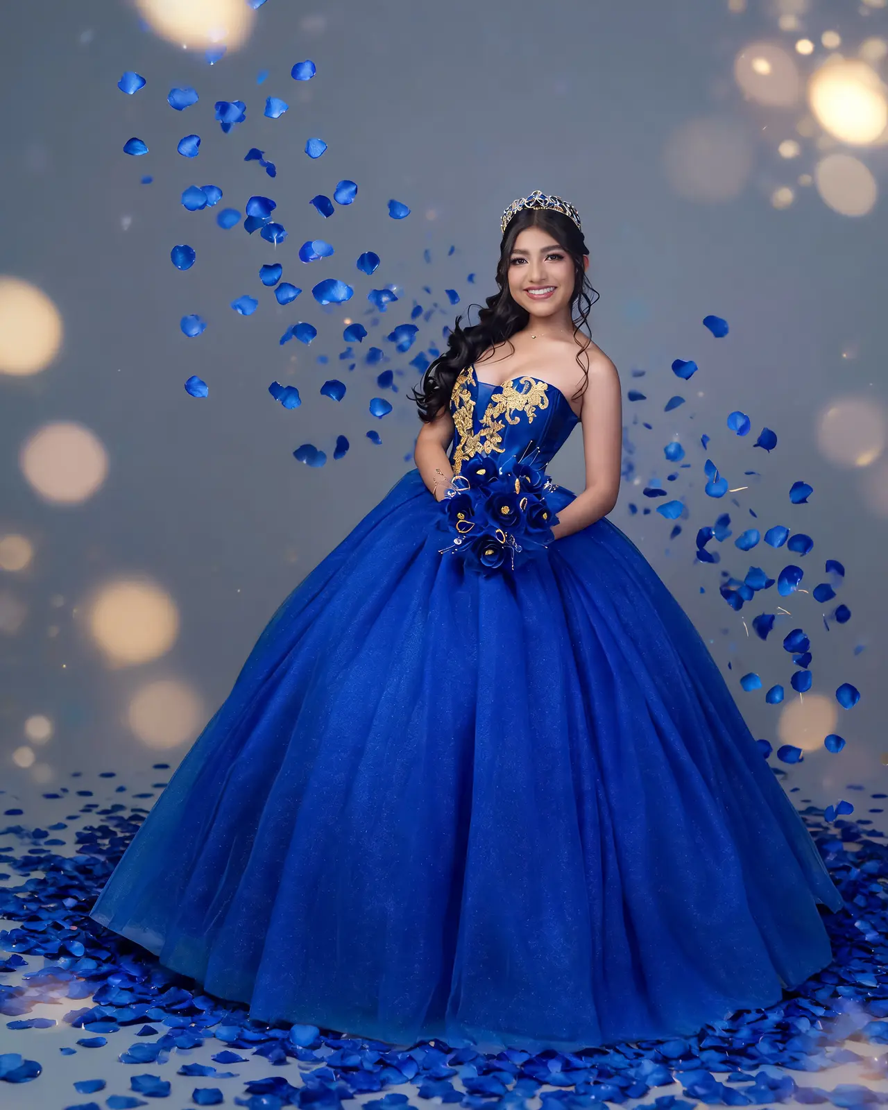 Quinceañera con vestido azul rey y pétalos