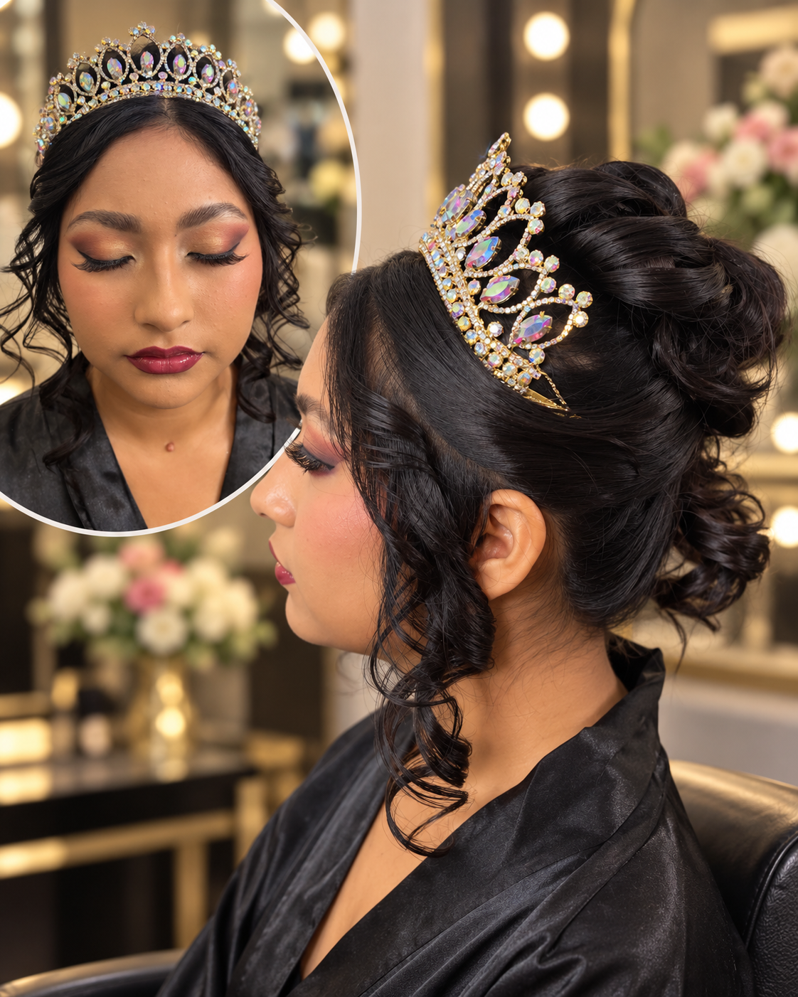Maquillaje y recogido alto para quinceañera