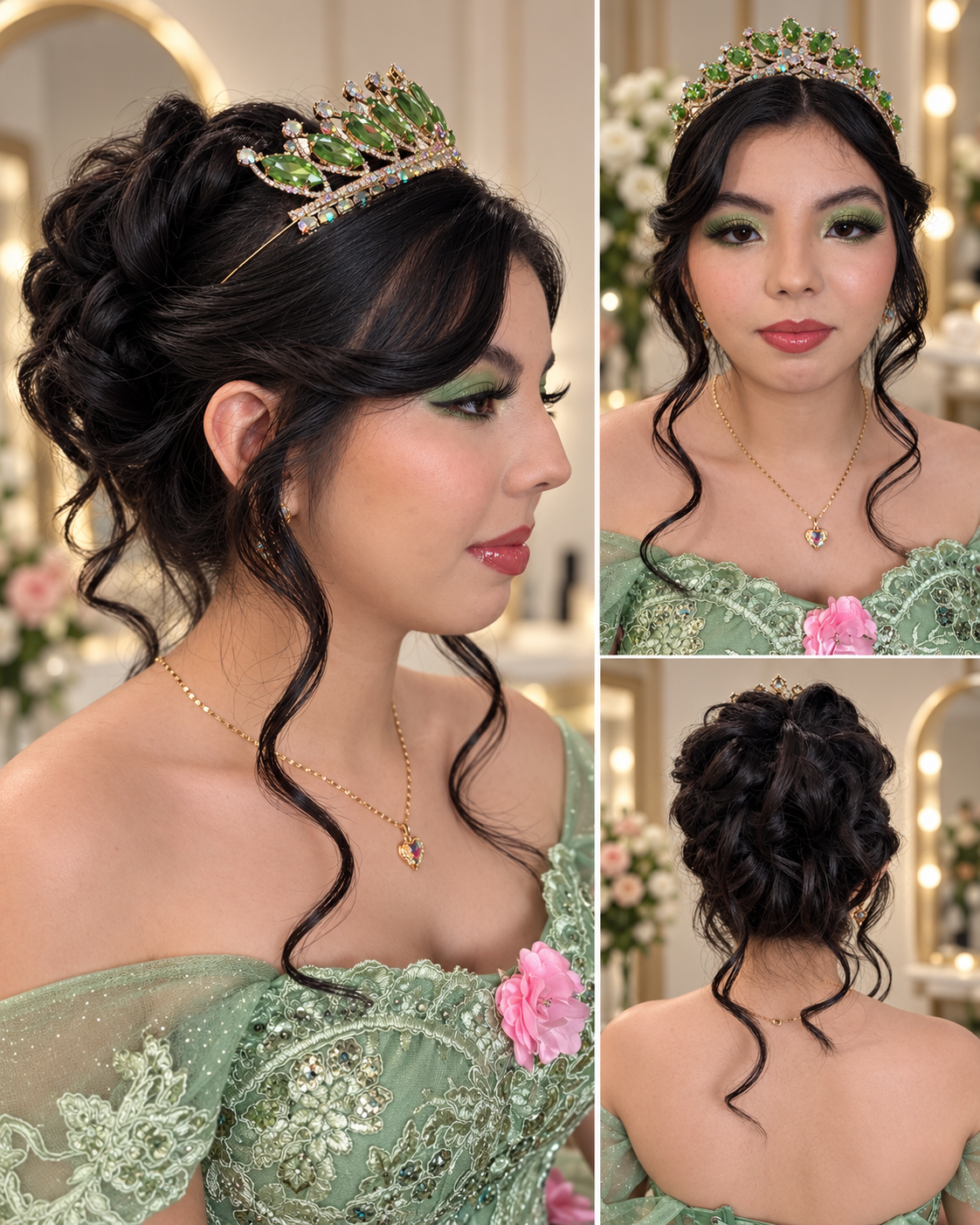 Maquillaje verde y peinado recogido para quinceañera