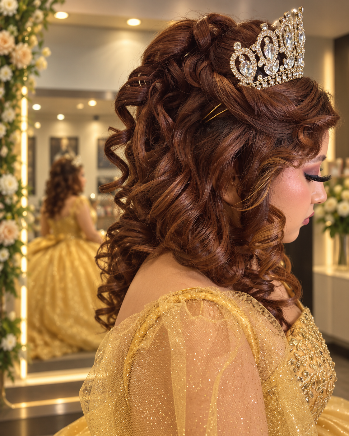 Peinado de quinceañera con volumen, rizos y corona