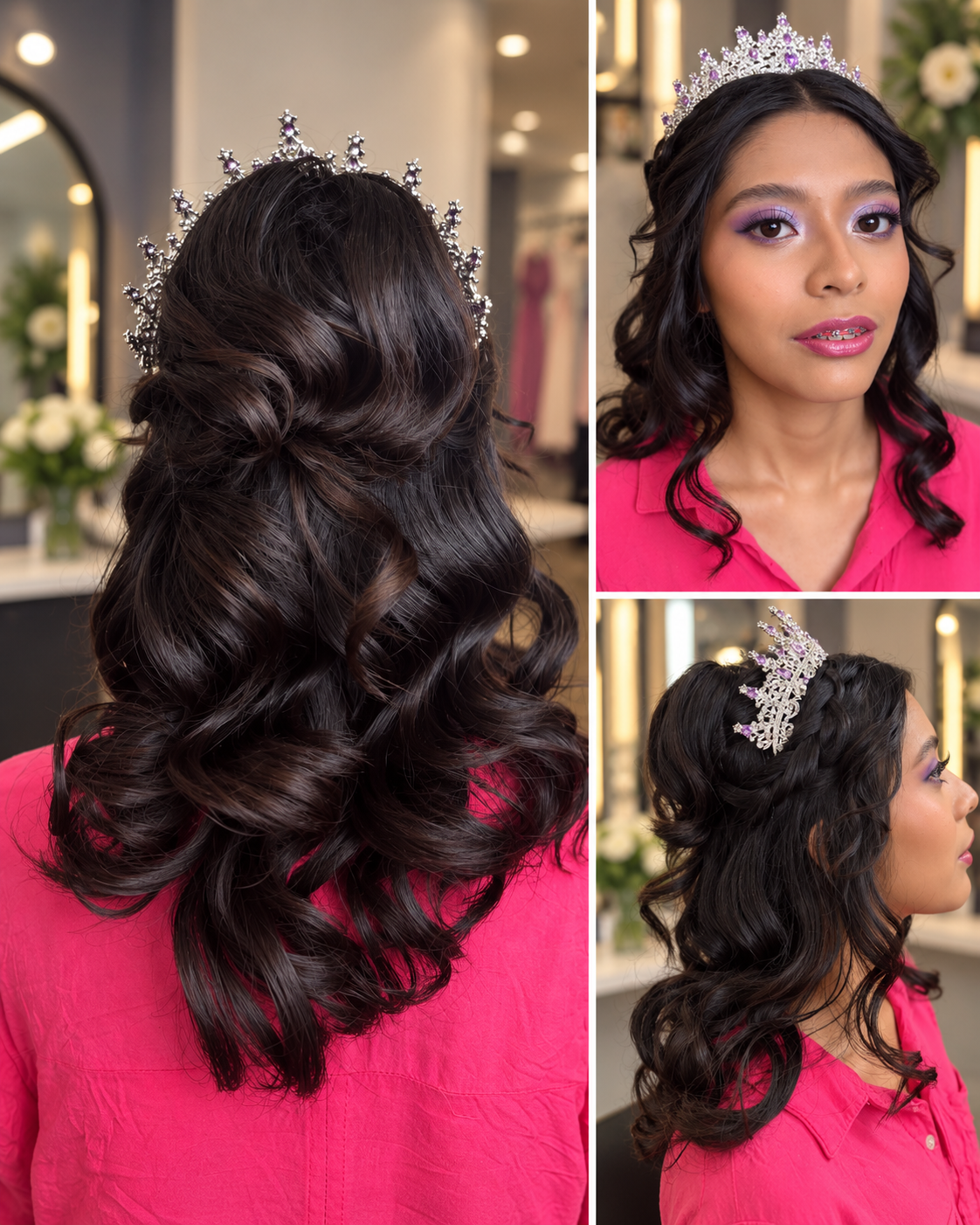 Peinado de quinceañera con tiara y rizos definidos